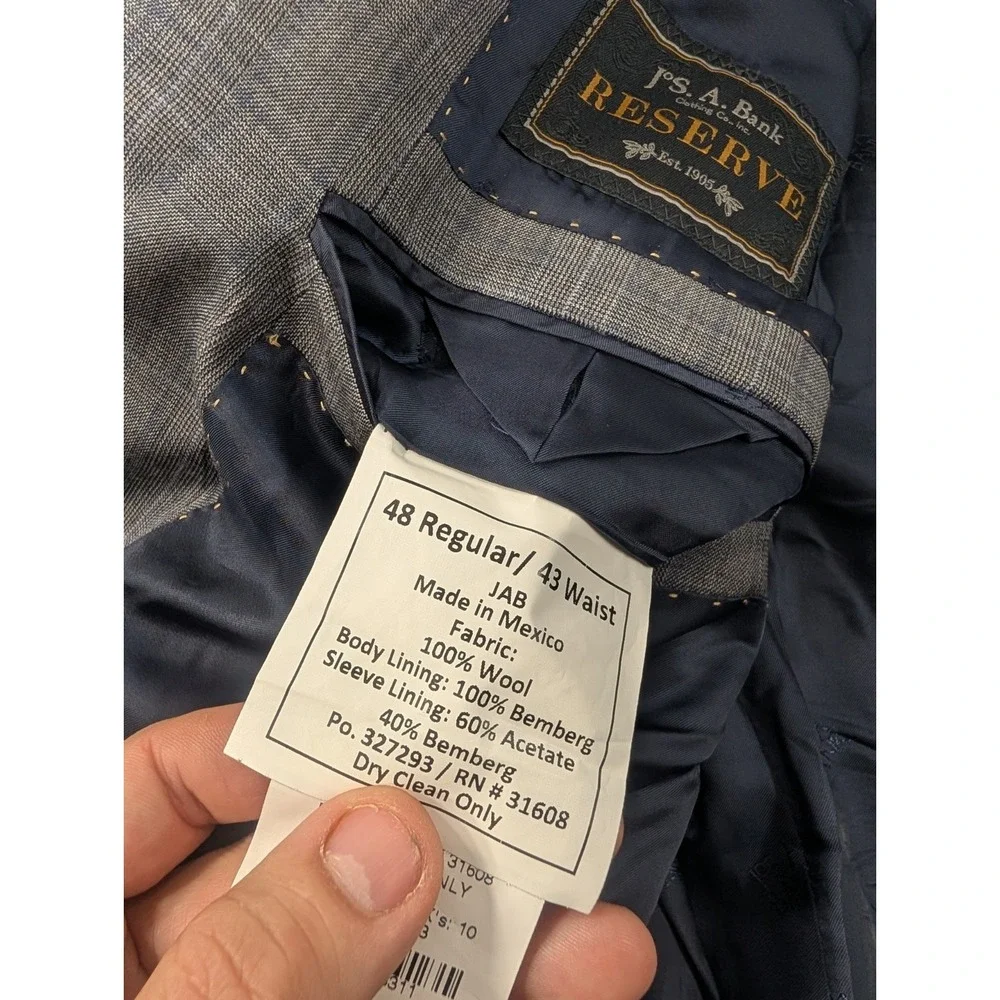 Jos. Bank Reserve Reda Blazer Suit Jacket Wool  Gray Glenn‎ Check 48R plaid READ